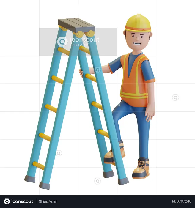 Construction worker climbing on ladder  3D Illustration