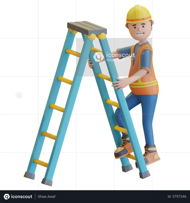 Construction worker climbing on staircase  3D Illustration
