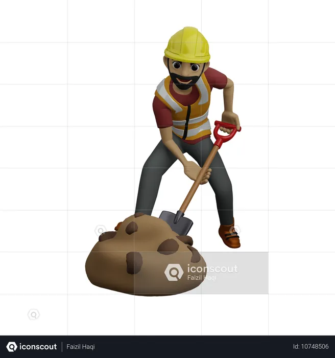 Construction Worker Digging Soild  3D Illustration