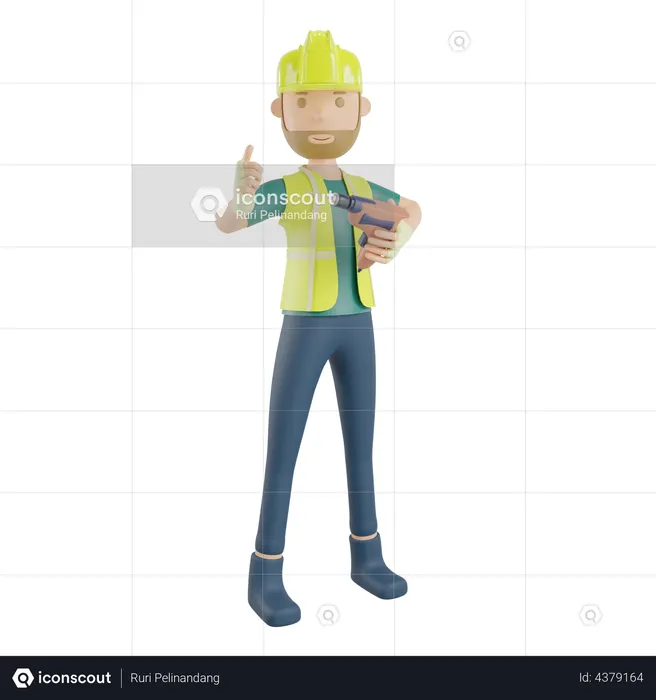Construction worker holding drill machine  3D Icon