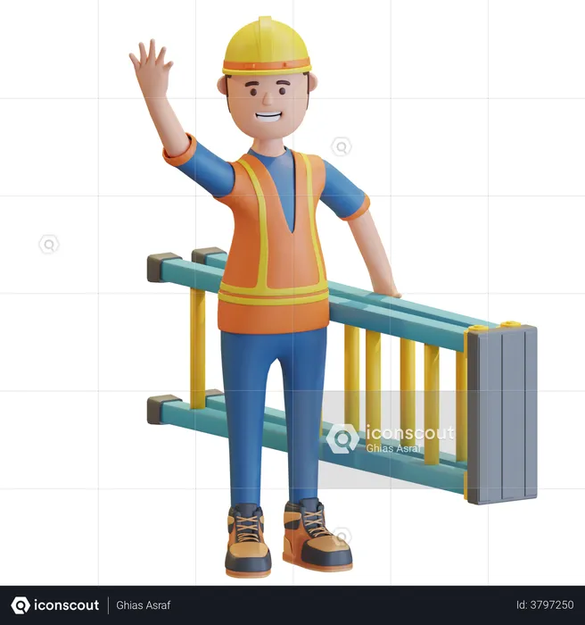 Construction worker holding ladder  3D Illustration