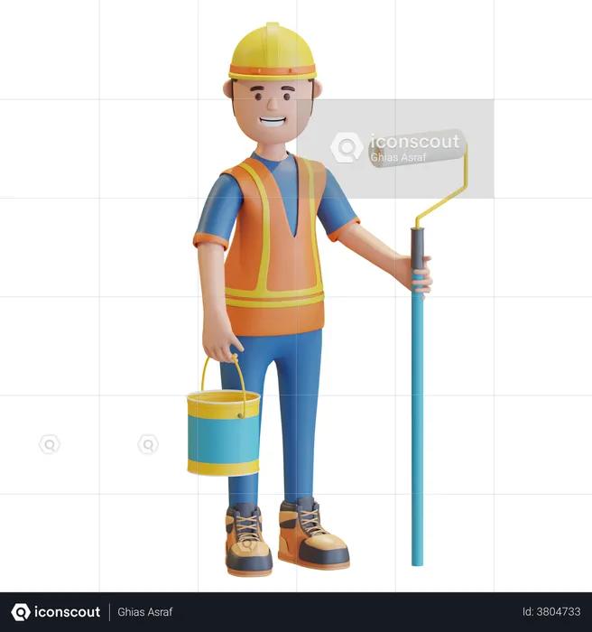 Construction worker holding paint roller and paint bucket  3D Illustration