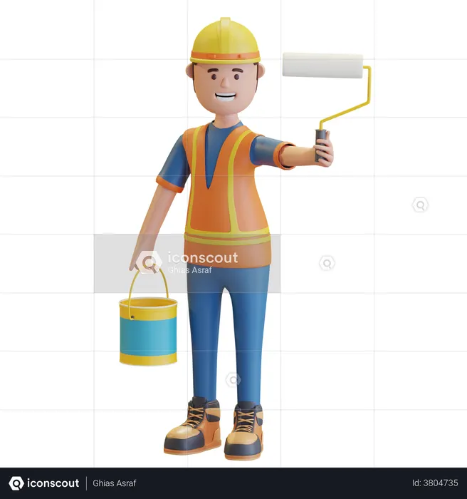 Construction worker holding paint roller and paint bucket  3D Illustration