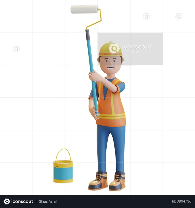 Construction worker holding paint roller and paint bucket  3D Illustration