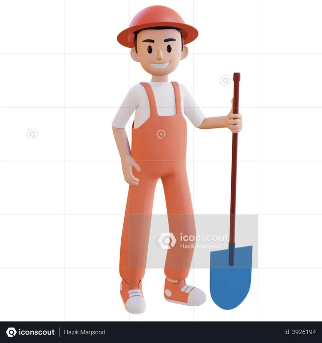 Construction worker holding Shoval  3D Illustration