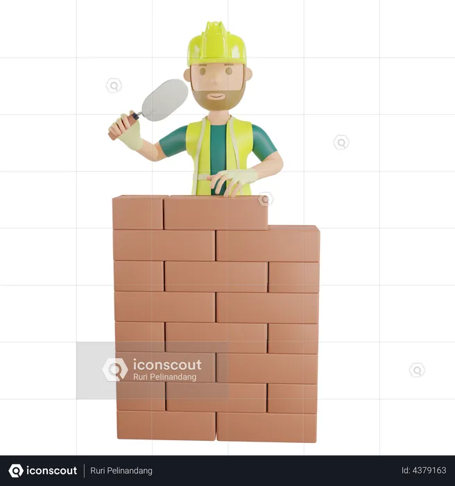 Construction worker laying bricks  3D Illustration