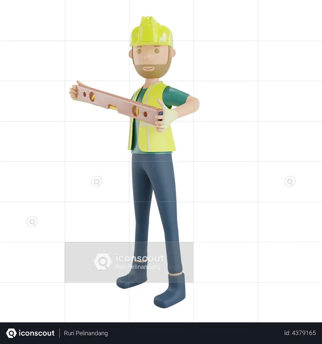 Construction worker measure with waterpass  3D Illustration