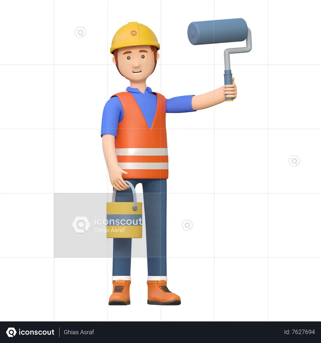 Construction worker painting wall  3D Illustration