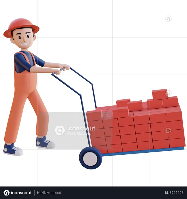 Construction worker pushing Brick Loader  3D Illustration