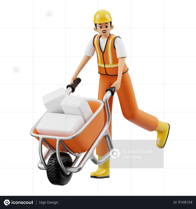 Construction Worker Pushing Wheelbarrow  3D Illustration