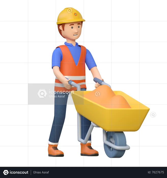 Construction worker pushing wheelbarrow  3D Illustration