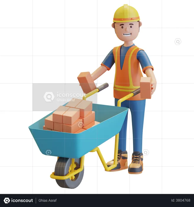 Construction worker pushing wheelbarrow  3D Illustration