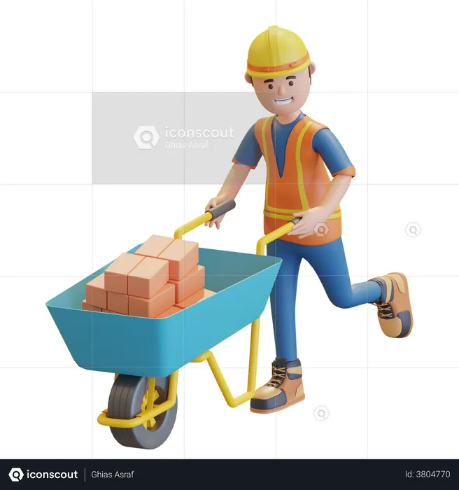 Construction worker pushing wheelbarrow  3D Illustration