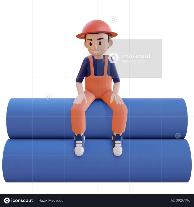 Construction worker sitting on pipe  3D Illustration