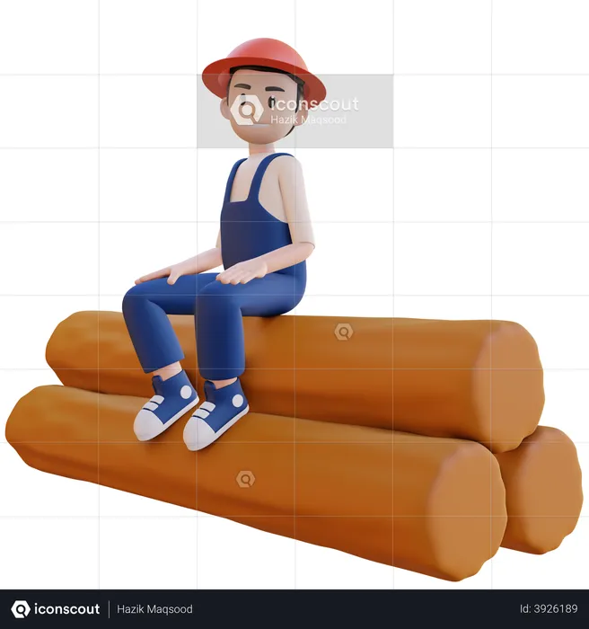 Construction worker sitting on wooden pipes  3D Illustration