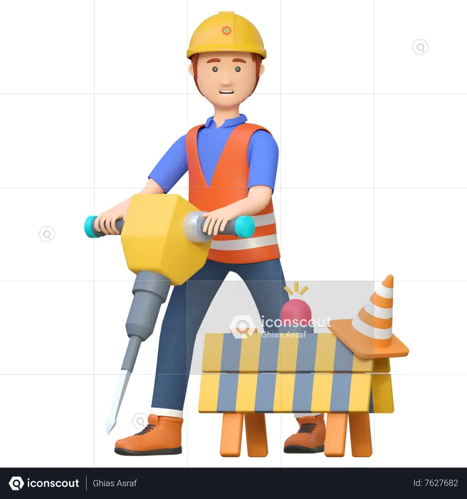 Construction worker using jackhammer drill  3D Illustration