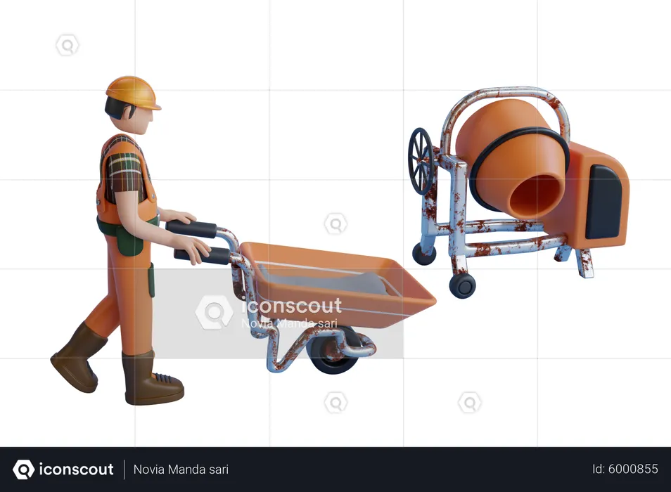 Construction Worker With A Shovel And A Concrete Mixer Making Cement  3D Illustration