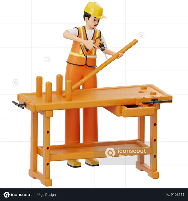 Construction Worker With Drill  3D Icon