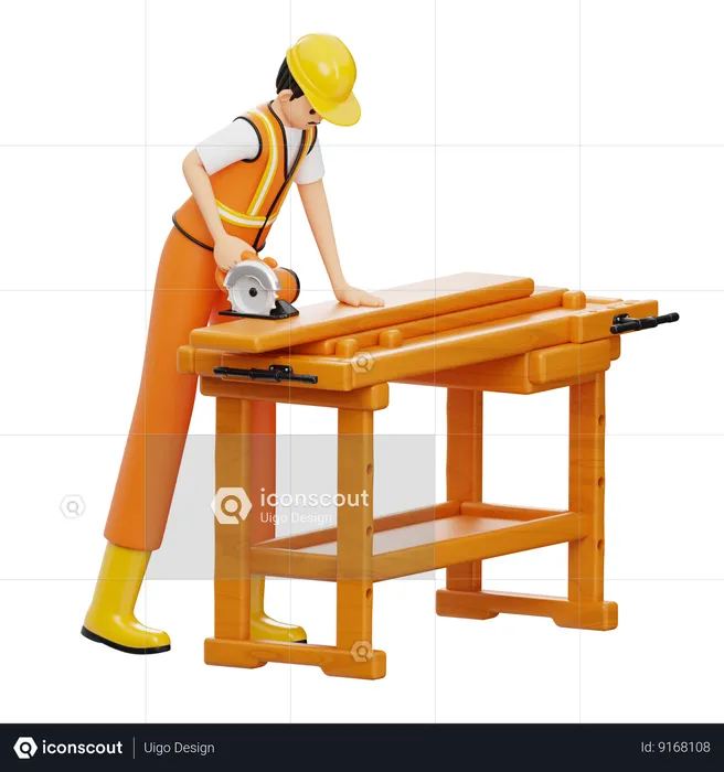 Construction Worker With Hand Saw  3D Illustration