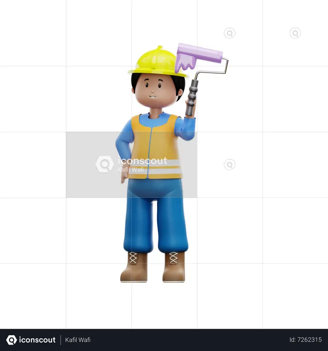 Construction Worker With Paint Roller  3D Illustration