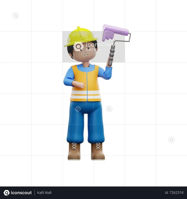 Construction Worker With Paint Roller  3D Illustration