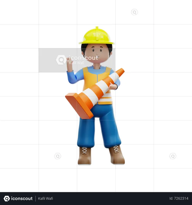 Construction Worker With Traffic Cone  3D Illustration
