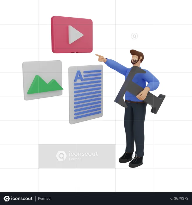 Content marketing with the man in blue  3D Illustration