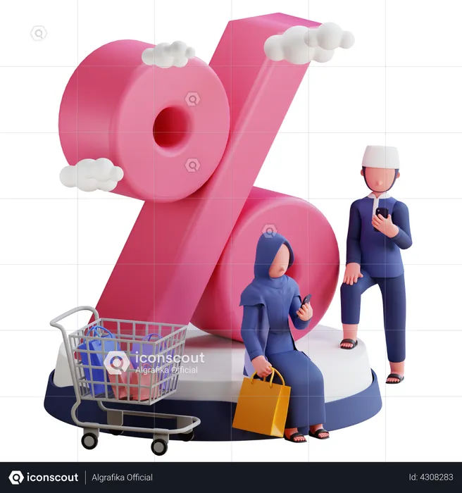 Coppia che ottiene lo sconto per lo shopping del Ramadan  3D Illustration