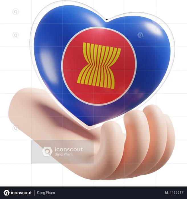 Bandeira de cuidados com as mãos e o coração da Associação das Nações do Sudeste Asiático Flag 3D Icon