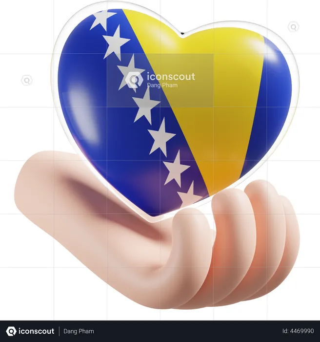 Bandeira de cuidados com as mãos e o coração da Bósnia e Herzegovina Flag 3D Icon