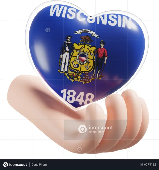 Bandeira de cuidados com as mãos e coração de Wisconsin Flag 3D Icon