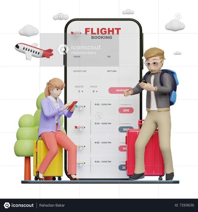 Couple booking flight online  3D Illustration
