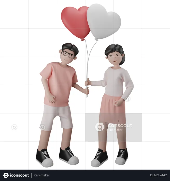 Couple Carrying a Pair of Heart Shaped Balloons  3D Illustration