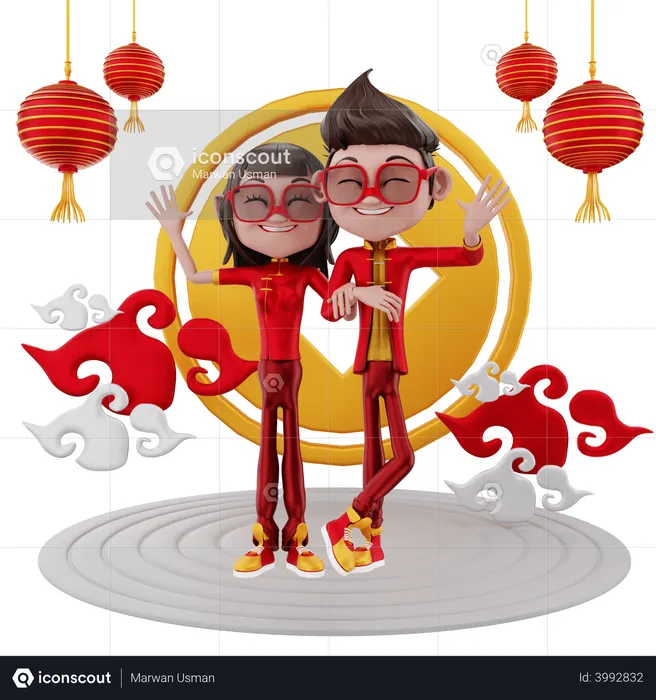 Couple celebrating Chinese new year  3D Icon