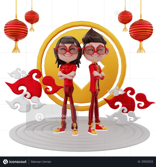Couple celebrating Chinese new year  3D Illustration