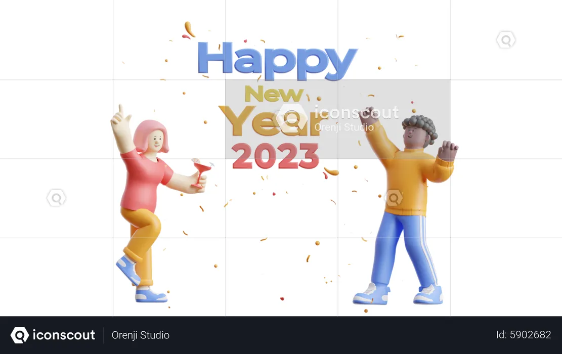 Couple Celebrating New Year 2023  3D Illustration