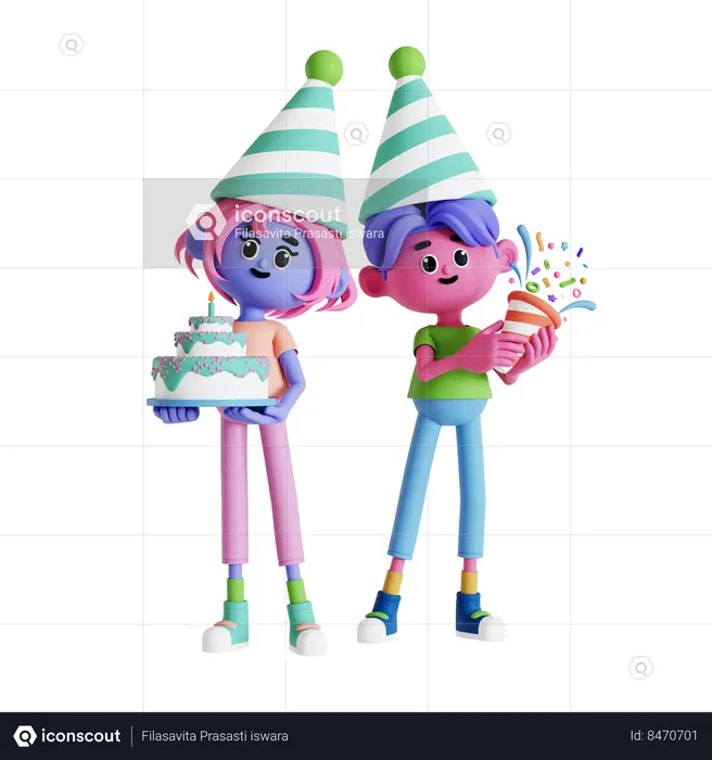 Couple celebrating new year with cake and popping confetti  3D Illustration