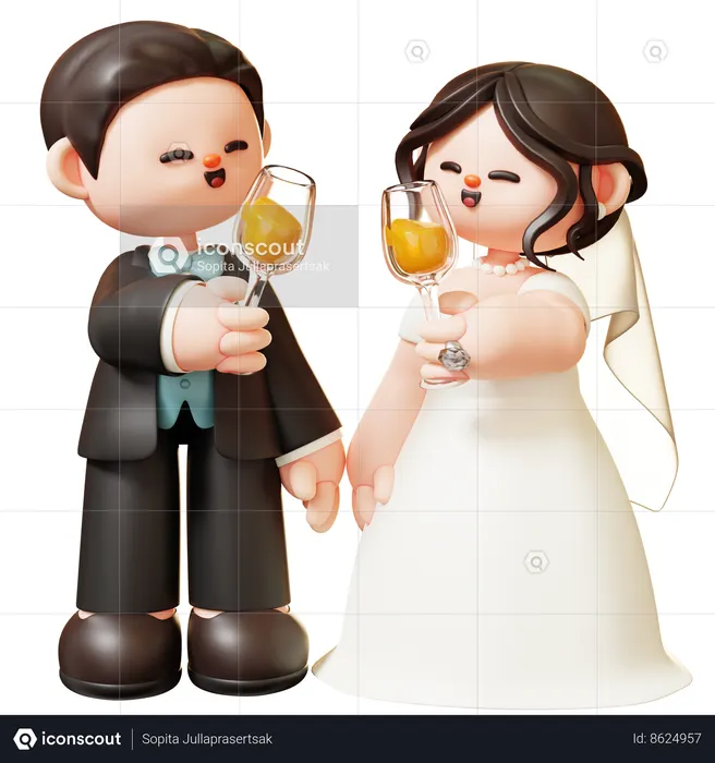 Couple de mariage applaudissant avec des verres de champagne  3D Icon