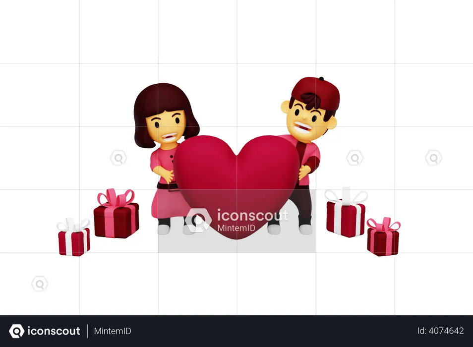 Couple submergé par un cadeau de Saint-Valentin  3D Illustration