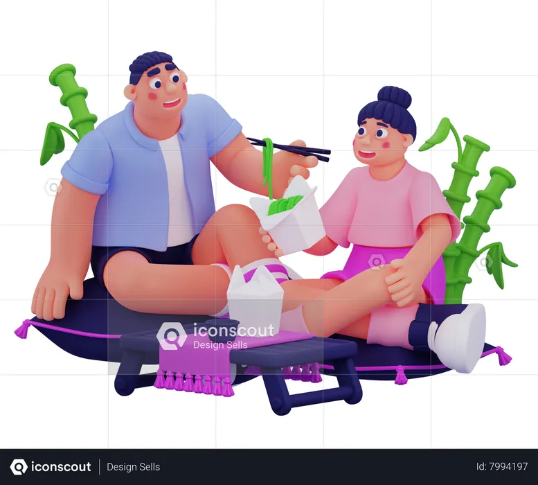 Couple Eating Chinese Noodles  3D Illustration