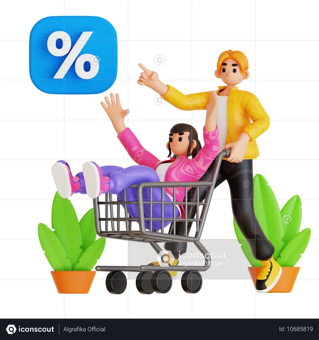 Couple faisant du shopping lors des soldes  3D Illustration