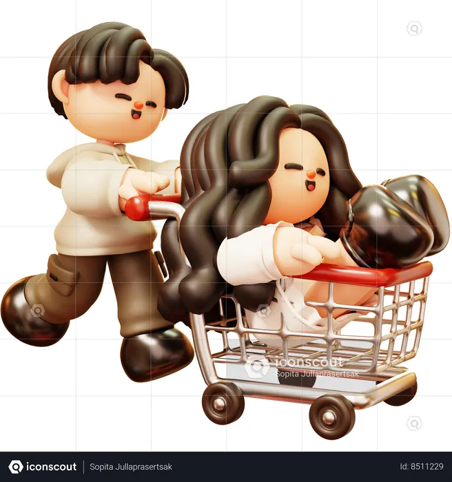 Couple Fun With Shopping Cart In Supermarket  3D Illustration