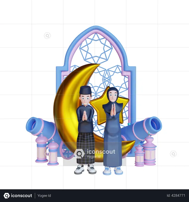 Couple giving Ramadan Greeting  3D Illustration