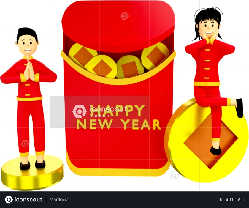 Couple greetings with Chinese envelop  3D Illustration