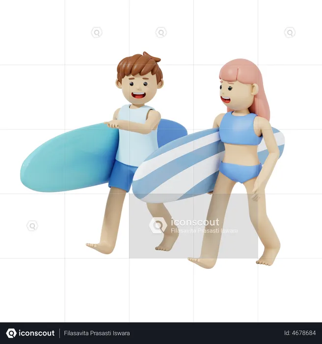 Couple Holding Surfboard  3D Illustration