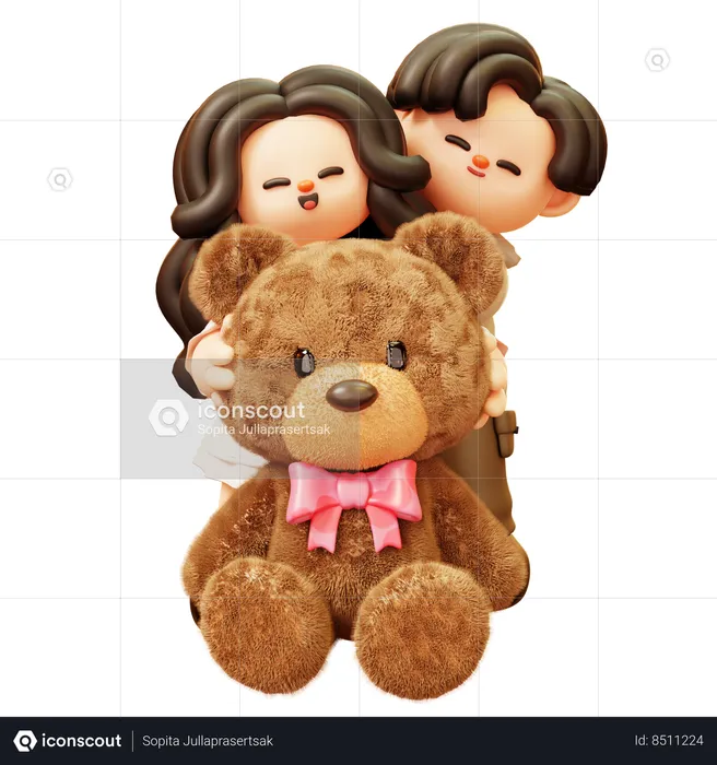 Couple Hugging Giant Teddy Bear  3D Illustration