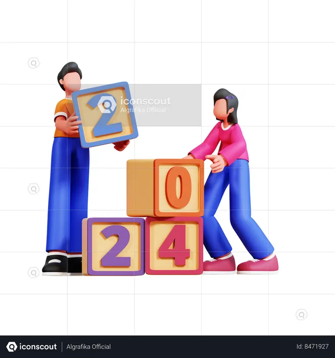 Couple Is Arranging New Year Blocks  3D Illustration