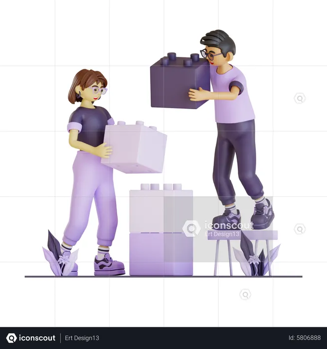 Couple Making Building Using Building Block together  3D Illustration