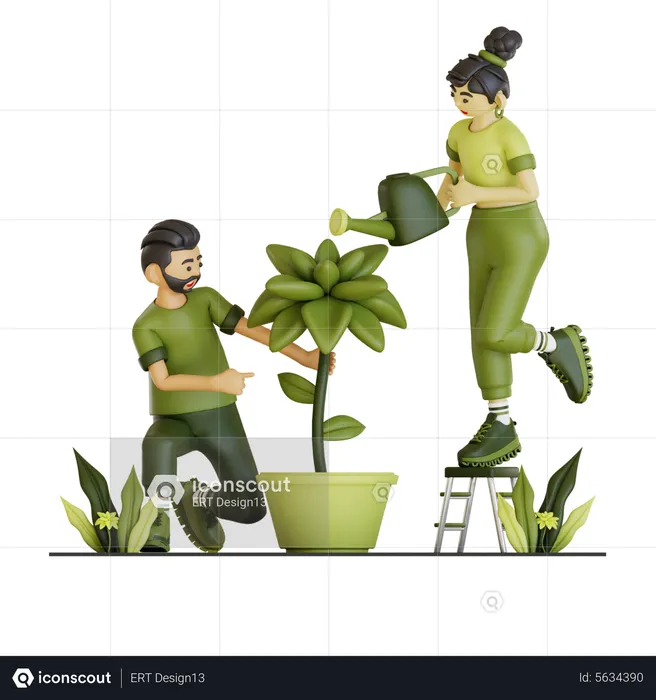 Couple Planing Plant  3D Illustration