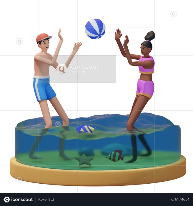 Couple Play Ball on the Beach  3D Illustration